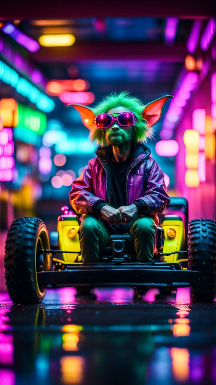 portrait of clone Hairy Gremlin pimp ninja yoga cyber punk in drifting hipster lawn tractor parked in dark neon lit reflective wet arcade hall tunnel,bokeh like f/0.8, tilt-shift lens 8k, high detail, smooth render, down-light, unreal engine, prize winning