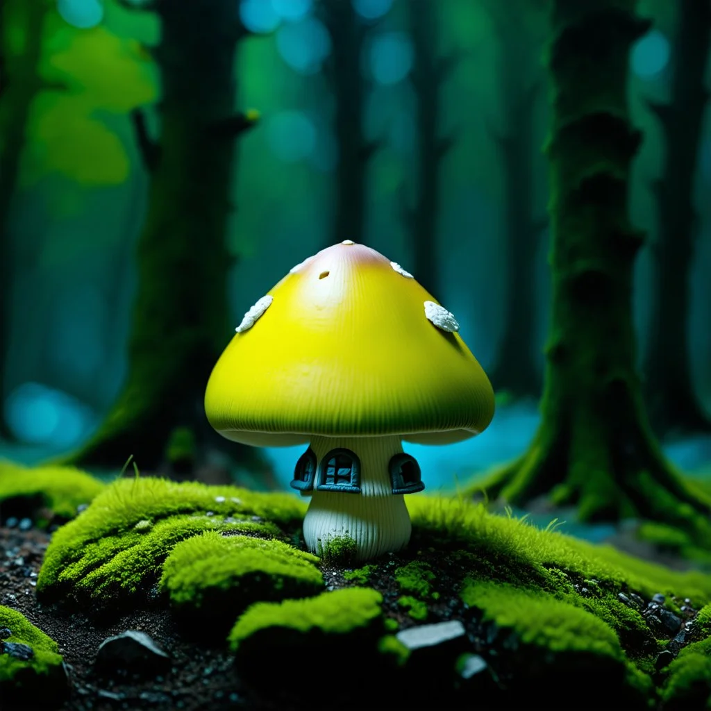 "Close up of a wonderful tiny Mushroom Tower home. Yellow and green with bright white, deep black and contrasting tones of gray. Illuminated bioluminescent forest. Professional painter, master at composition. small but detailed. broken, blurred background, voluminous lighting"