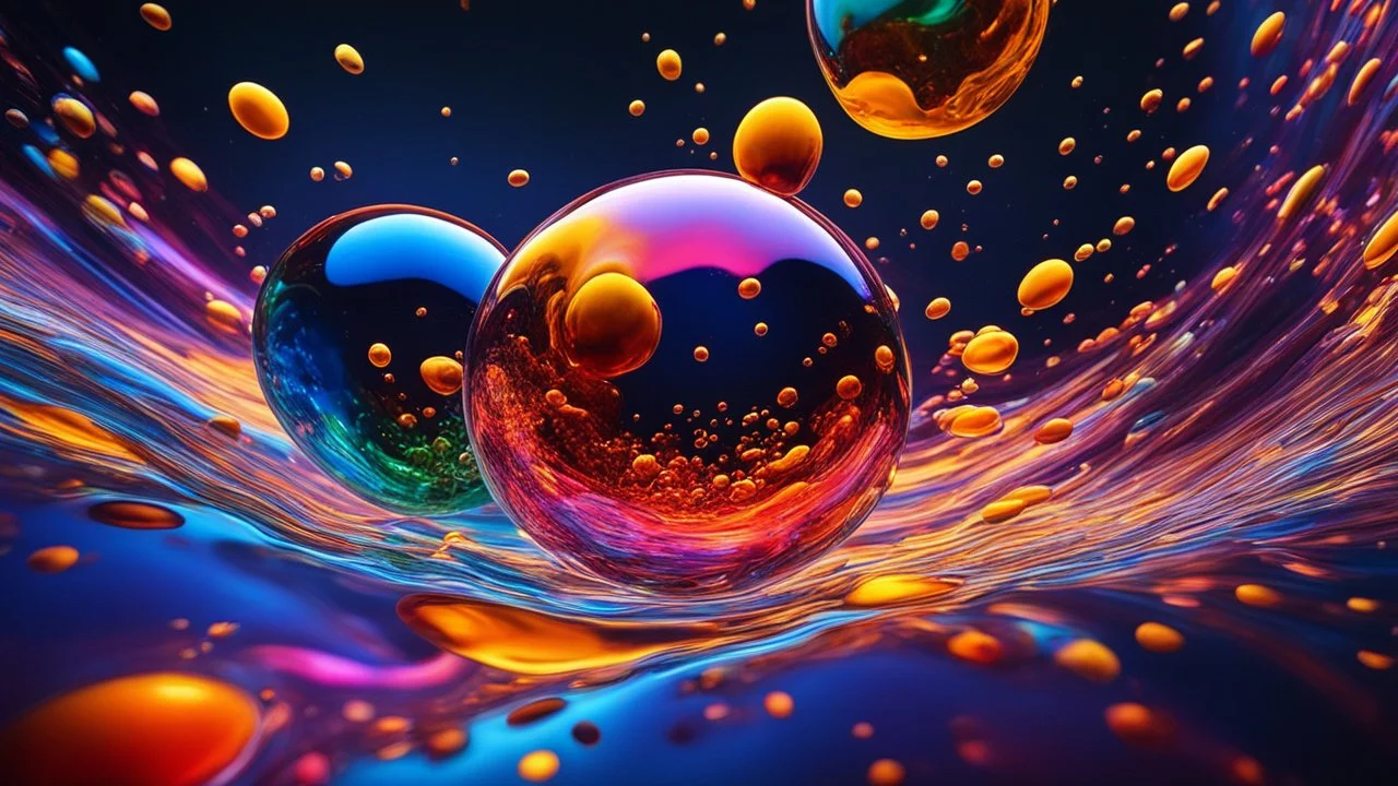 1142. Colourful immiscible liquid globules floating in weightlessness, liquid medium, mixed, distorted, spectacular, strange globular shapes, wild, fantasy, futuristic, artistic, attractive, beautiful lighting, attractive composition, photorealistic, extremely detailed, chiaroscuro