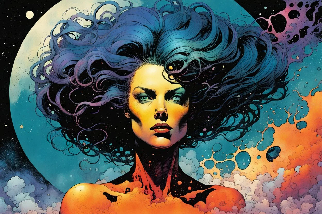 create an imaginative amorphous female extraterrestrial being with finely detailed facial features, sinuous tentacle hair, amidst the exploding chaos of a dying star, in the comic book art style of Bill Sienkiewicz, Mike Mignola, and Jean Giraud Moebius, finely textured, drawn, colored, and inked