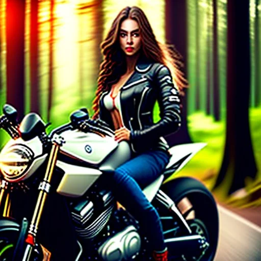 Very attractive woman sitting on a motorcycle. The bike is Yamaha. In the background is a forest. Big detail on the legs. Realistic details. Photorealistic. 4K. Wide-angle lens.