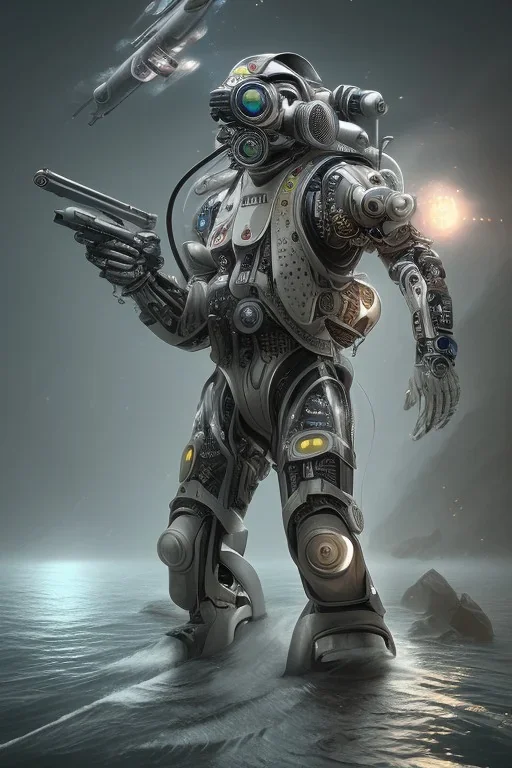 diver like a cyborg,with the gun,hi quality detail,hi quality textures,cinematic,realistic,aggressive