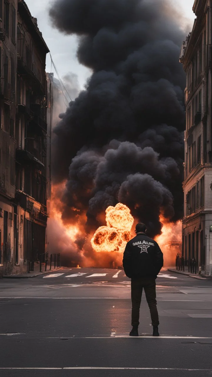 Man in a black bomber jacket, back to the camera, looking down a street, watching an explosion of fire and lights in front of him.