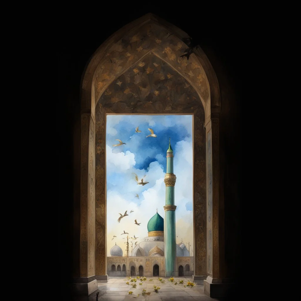 jamkaran mosque in Iran has more blue green color and gold for pattern islamic in the dome . one big domes with beautiful lighting . white Daffodil flower in the floor , clouds with small birds in sky with crescent moon of ramdan . painting watercolor ,simple and islamic style , Painting watercolor