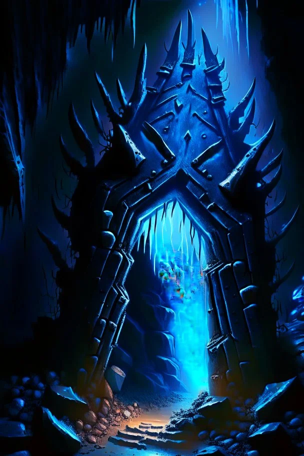 Glowing spiked iron entrance to a scary scifi blue mine at night fantasy rpg painterly art