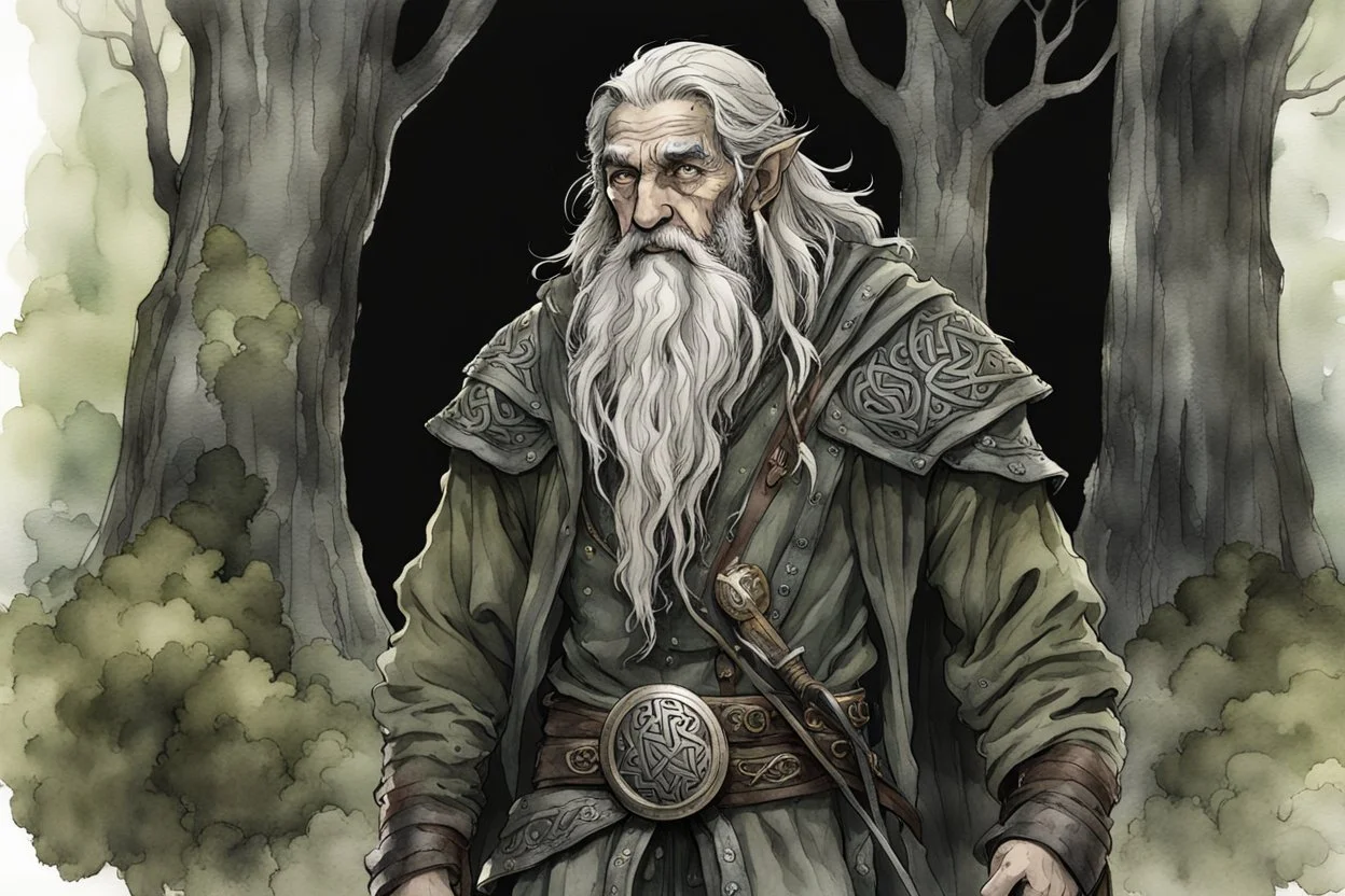 ink wash and watercolor illustration of an ancient grizzled, gnarled elf vagabond wanderer, long, grey hair streaked with black, highly detailed facial features, sharp cheekbones. His eyes are black. He wears weathered roughspun Celtic clothes, emaciated and tall, with pale skin, full body , thigh high leather boots within a forest of massive ancient oak trees in the comic book style of Bill Sienkiewicz and Jean Giraud Moebius , realistic dramatic natural lighting