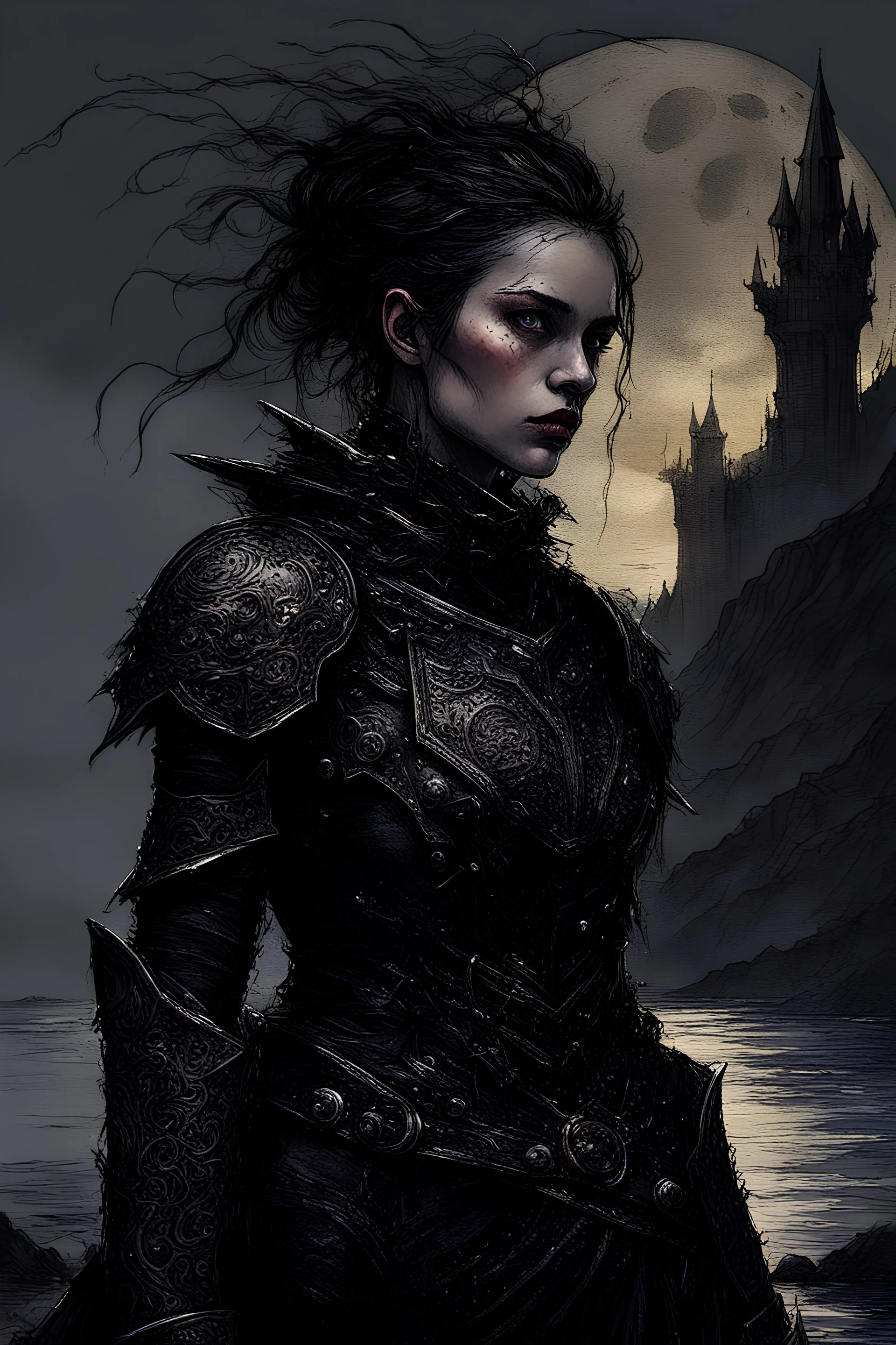 A formidable warrior girl in black armor, against the background of an amazing gloomy landscape, flooded with the light of two moons, mountains, trees, a fabulous scary landscape, juicy emotions, painting, dark fantasy, gloomy day, dark world, portrait, Gothic Town At Night, Fantasy, Intricate Details, Castle Courtyard Gardens, Hyper Detailed, Jean Baptiste Monge, Carne Griffiths, Michael Garmash, Seb Mckinnon, Masterpiece