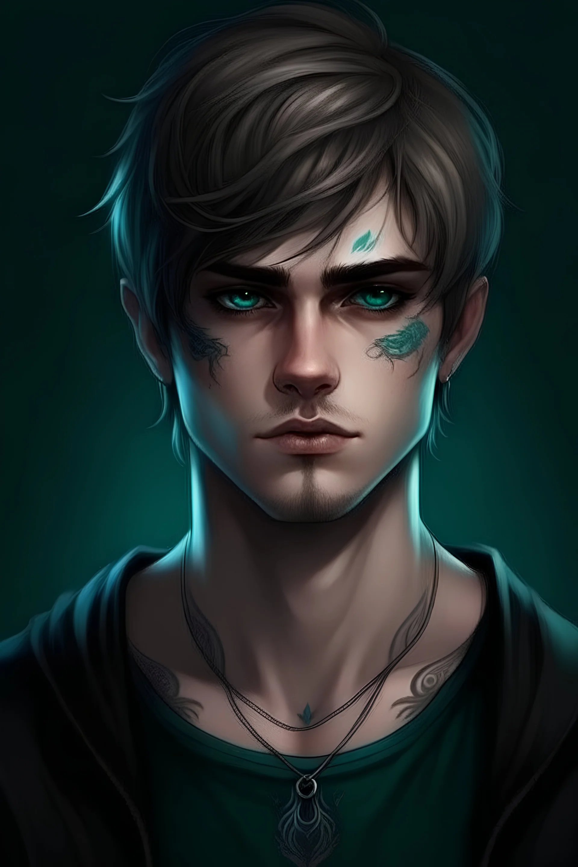 A 16-year-old boy, with brown hair on a blonde and long to his neck, turquoise eyes, and white skin. He's a vampire and a werewolf at the same time. And he's the heir to the worlds. And he has a tattoo on his neck that shows that he is the heir, that he is a vampire, that he is a werewolf.