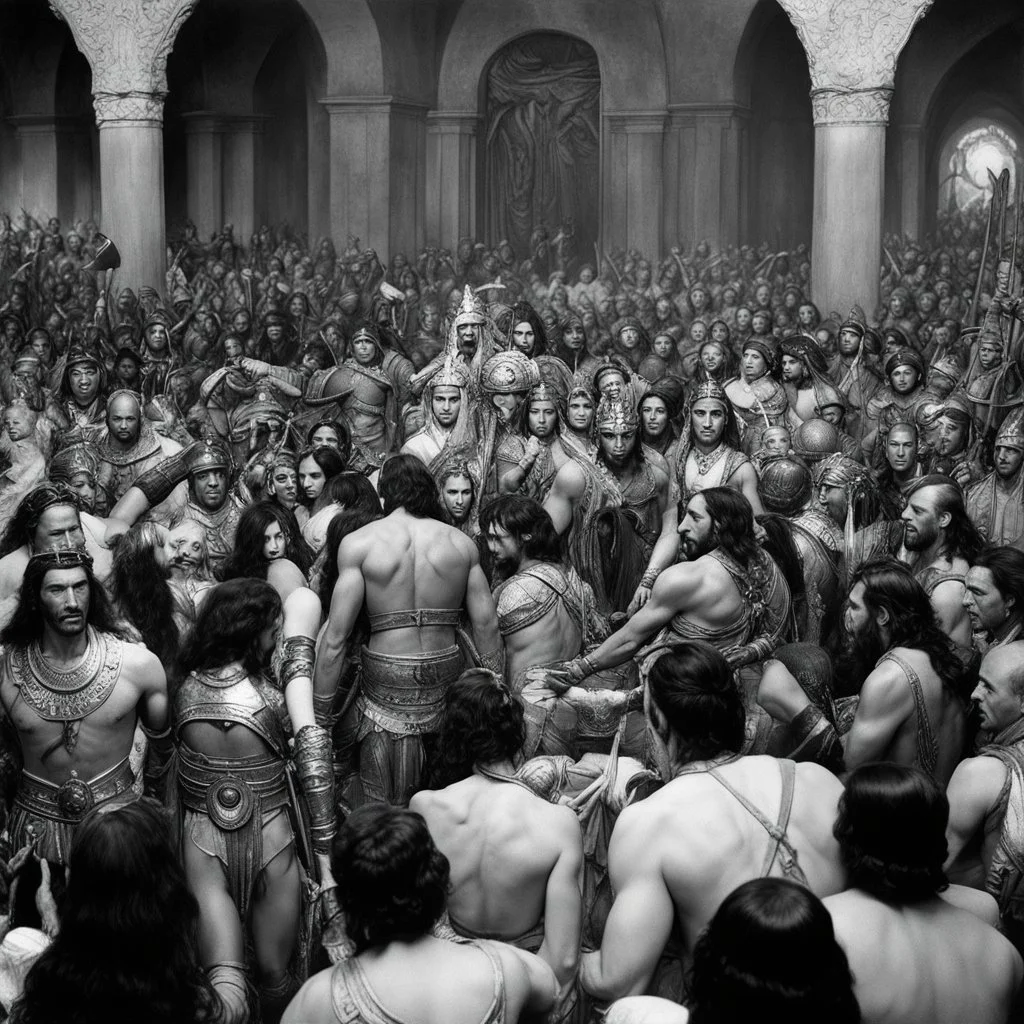 [very impressive high res masterpiece in Kodak Eastman 5247, scene by László Krasznahorkai] The Tharks were having their hands full in the center of the room, and | began to realize that nothing short of a miracle could save Dejah Thoris and myself, when | saw Tars Tarkas surging through the crowd of pygmies that swarmed about him. With one swing of his mighty long-sword he laid a dozen corpses at his feet, and so he hewed a pathway before him until in another moment he stood upon the platform b