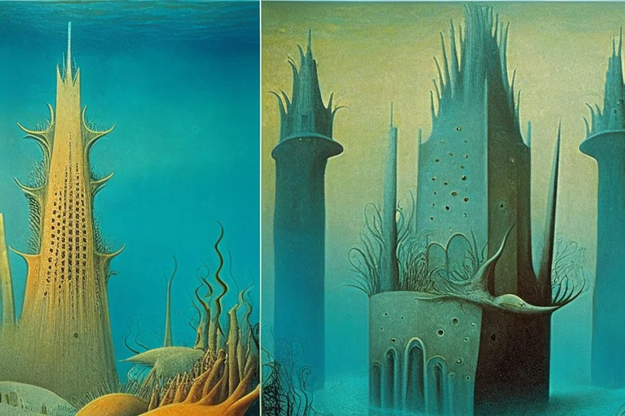 an underwater city with coral towers by "Leonora Carrington" and "Max Ernst"