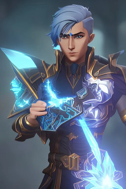 a human male with blue short hair and blue wings in assymetrical armor with geometric patterns and a book in hand