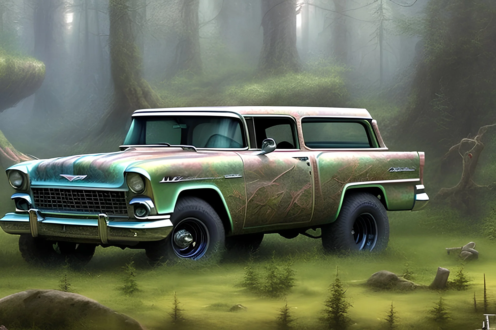 volumetric forest nature environment and background, concept study, close-up pencil sketch and color marker of 1955 chevrolet nomad monstertruck, house of kolor candy paint, hot wheels™, custom, car-toons, moster truck, classic huge monster wheels, realistic shaded volumetric lighting, ambient occlusion, anime, backlight, random custom bodywork and coachbuilding by roy brizio