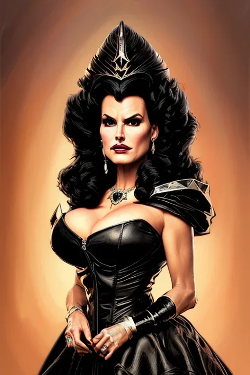 painting of lisa ann as evil queen in black leather gown, feminie, angry, stern look on her face, volouptous, busty, cleavage, emperious, mature, highly detailed, digital painting, artstation, concept art, smooth, sharp focus, illustration, art by gaston bussiere and alphonse mucha