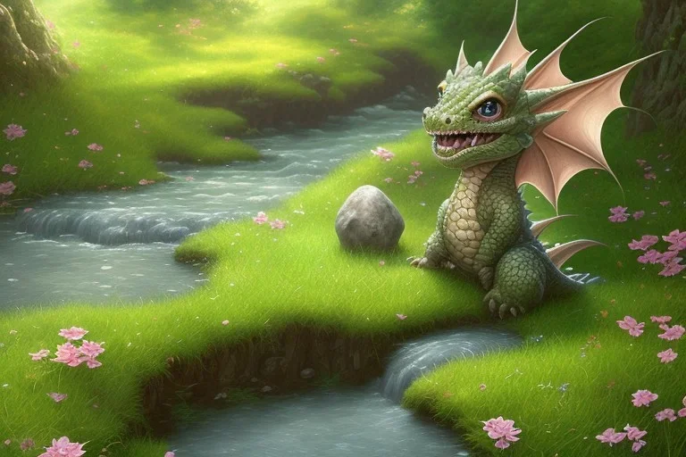 beautiful volumetric lush landscape environment and background, extreme macro close-up portrait of a single isolated cute baby dragon sitting on a stone within a highland streamlet, ripples, anime, medieval, realistic oil painting, spindrift, translucence, highly detailed, small minutiae, tiny features, particulars, sharp lines, realistic shaded volumetric lighting, spume, 8k, uhd, zoom on dragon, concept and art by sam curry