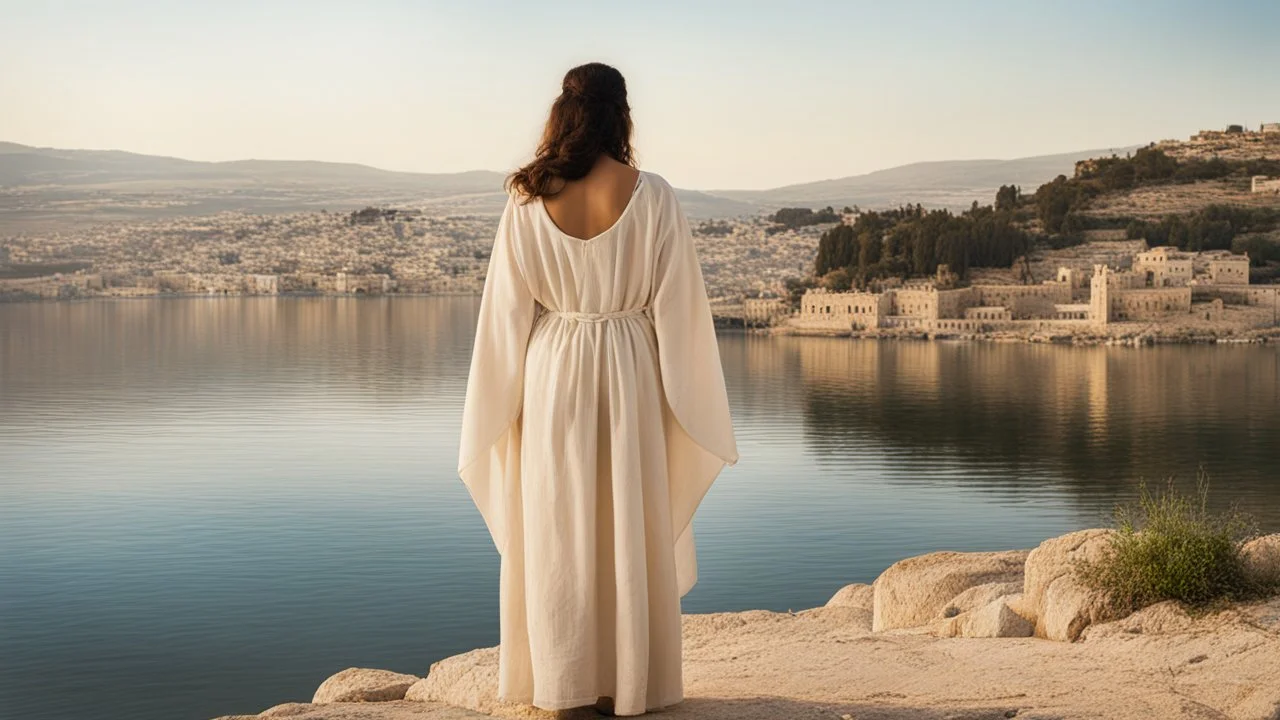 [the time of Jesus] close to the old town of Nazareth, a view on the Lake of Genesareth. a young woman in linen dress, she has her wooden rod she looks at the people down around the shore