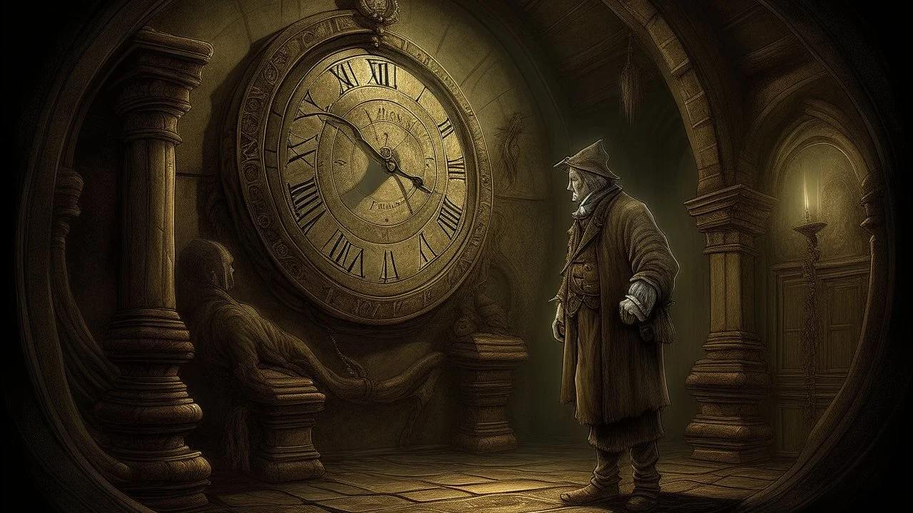 A strange, ancient-looking figure appears before Alexander, as if emerging from the depths of history. The person carries a face full of ancient wisdom and experience, and radiates a special confidence that reflects uncommon experience. The person explains in depth and detail about the curse surrounding the haunted clock. He seems like a bearer of ancient wisdom and rare secrets, and his voice flows like a calm river as he tells the story of the curse. It shows Alexander how the watch has been