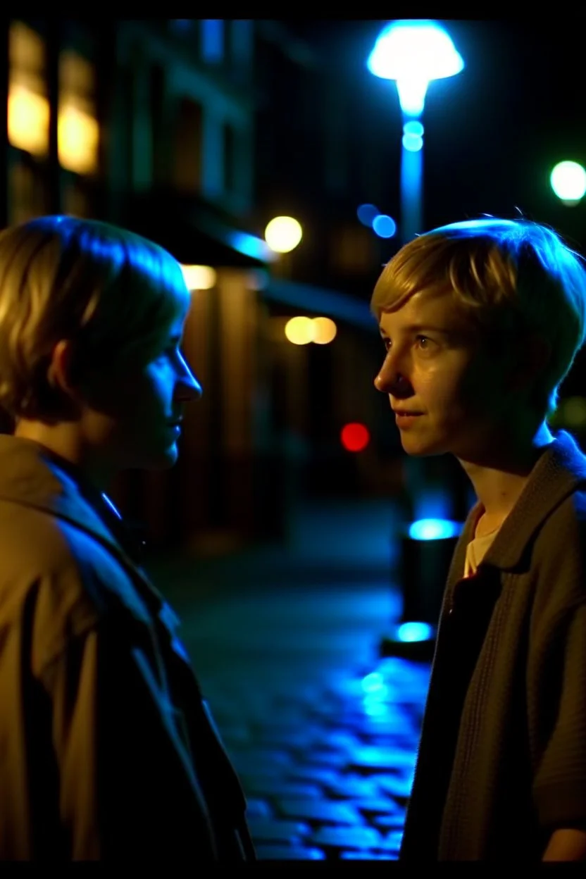 Epic cinematic shot gece birbirleri işe sohbet eden kısa saçlı 2 kız