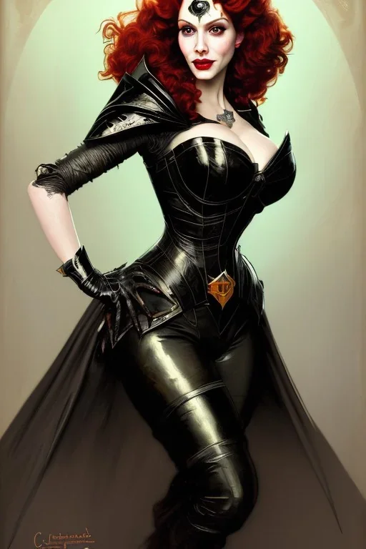 painting of christina hendricks as evil queen in black leather, feminie, angry, volouptous, busty, cleavage, emperious, mature, highly detailed, digital painting, artstation, concept art, smooth, sharp focus, illustration, art by gaston bussiere and alphonse mucha