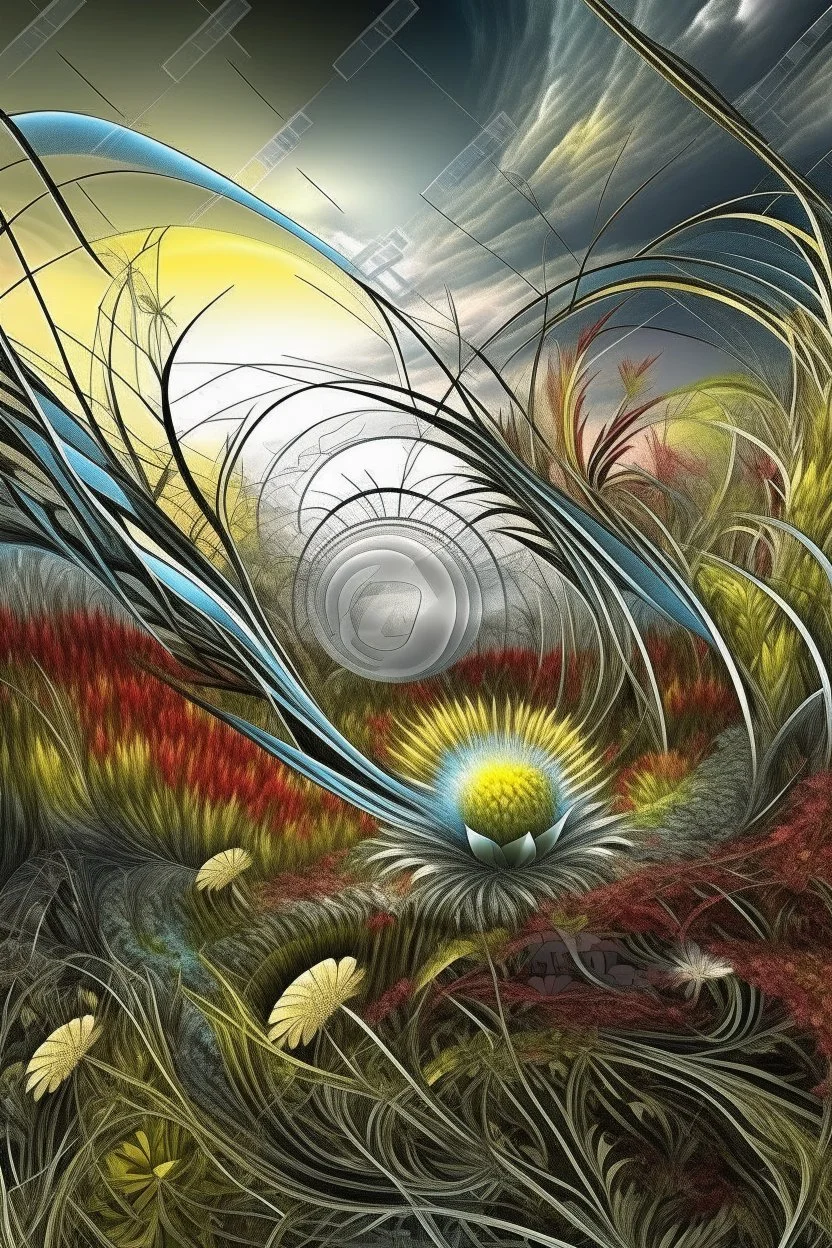 mysterious multi-layered and multidimensional structure,the sun, grasses, strange sky, trees, unusual flowers, intricate, extraordinarily beautiful landscape,fractal, surreal, careful drawing of details, clear contour, photorealism, botanical style, path, pale black, grey, light green, dark blue, red, yellow, mother-of-pearl luster, curls, swirls, smoke, beautiful, realistic, soft lighting, high resolution, high detail, masterpiece,ISO 1000.5 d,1024k