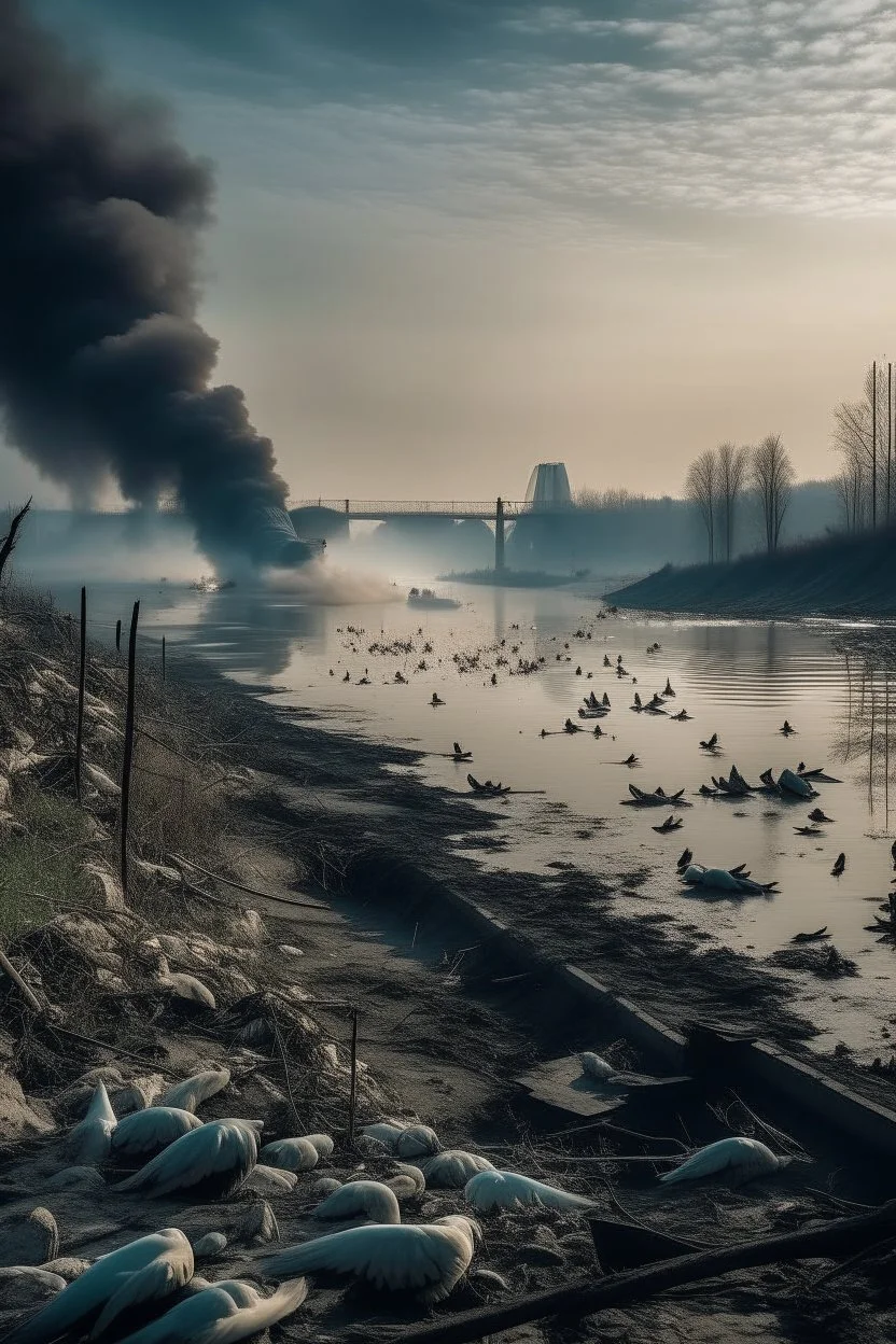 a nuke power plant with a lot of smoke in the sky by the river and show many dead fish and some animals are dead j