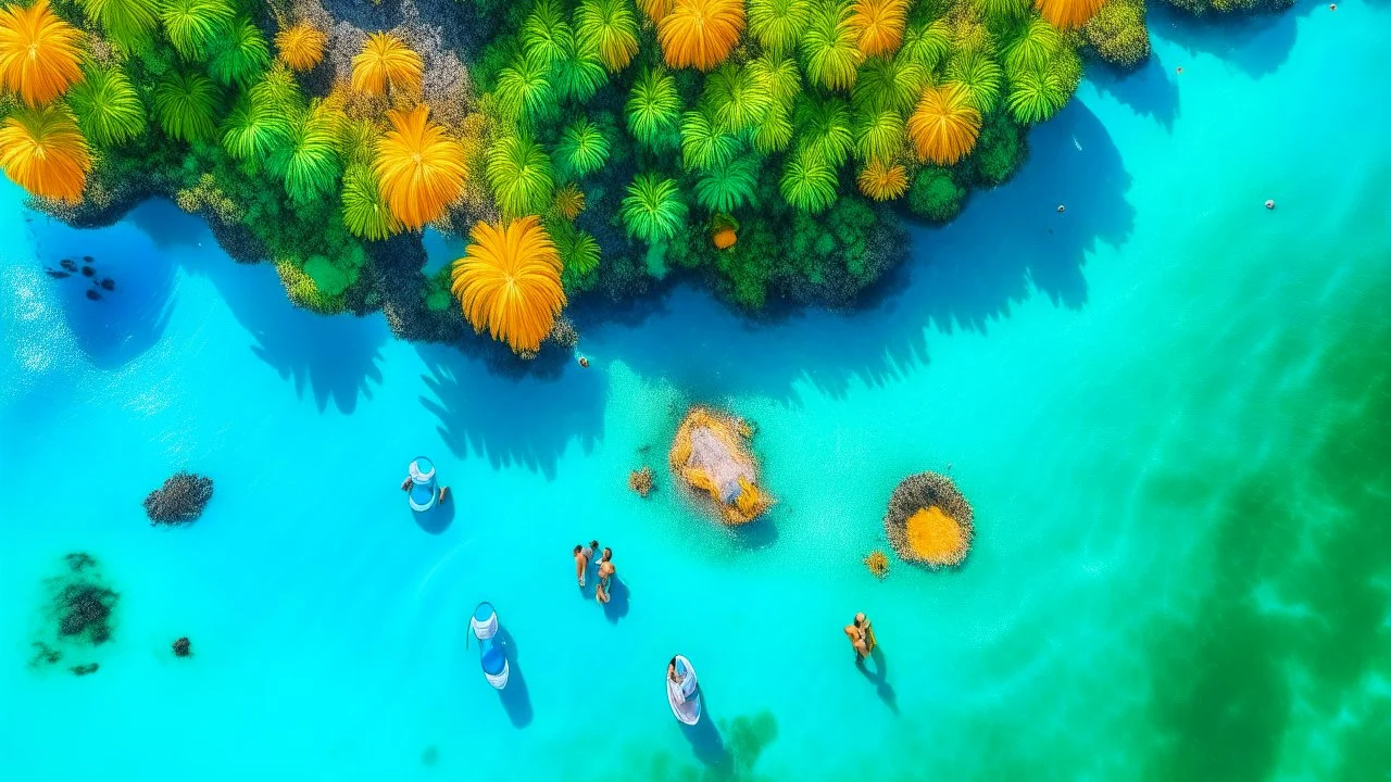 A top down view of a vibrant tropical island with people floating inside of a cool refreshing drink