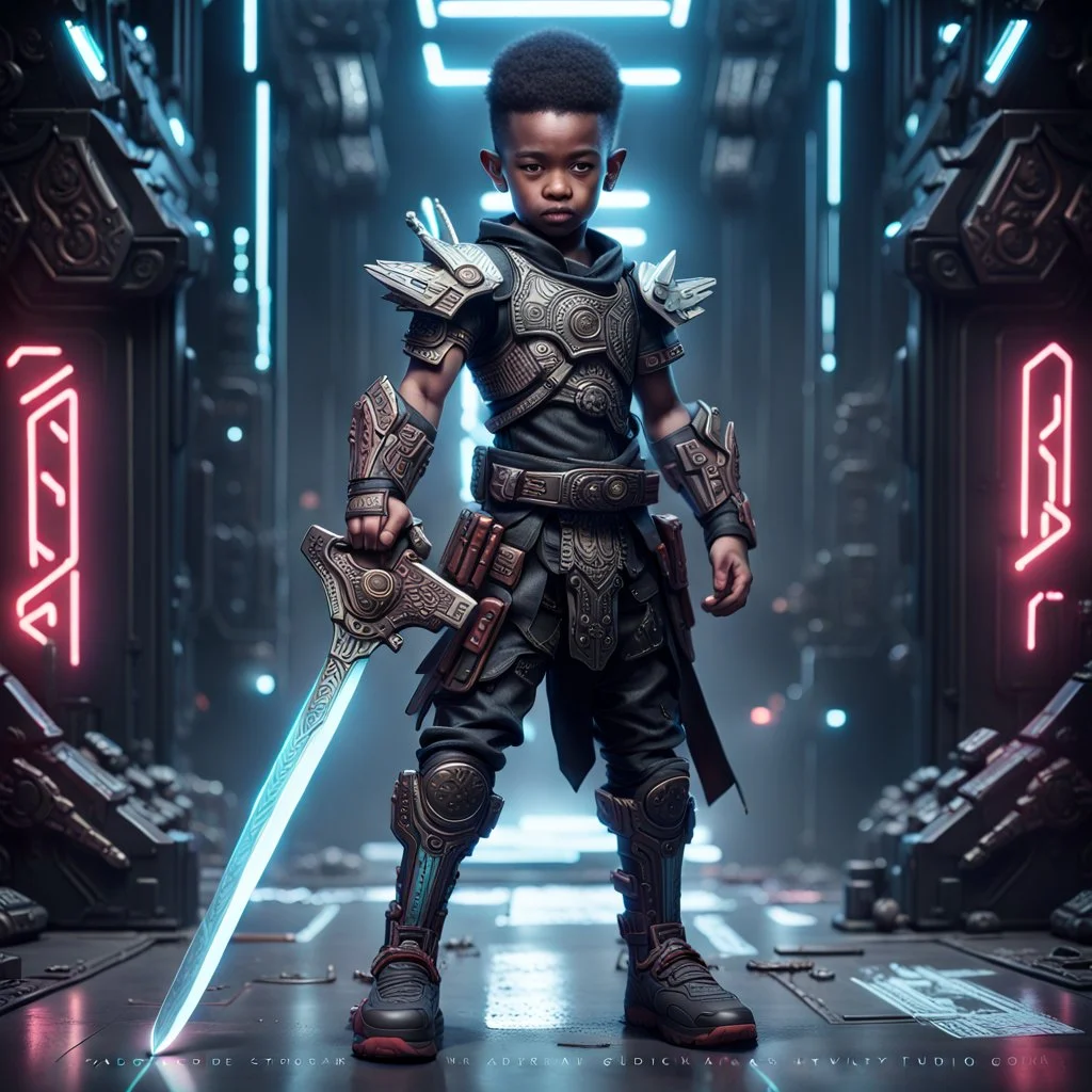 Fhoto full body, reality, Raw, little kid cyberpunk god war, sword, digital art, with text "addie", intricate details, powerful composition, captivating, , trending on artstation, sharp focus, studio photo, intricate details, highly detailed high tech, by addie_digi