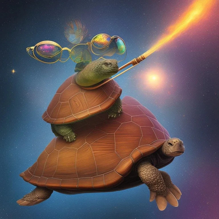 Digital art of a Big Wise turtle with sunglasses holding a wooden rod, background galaxy