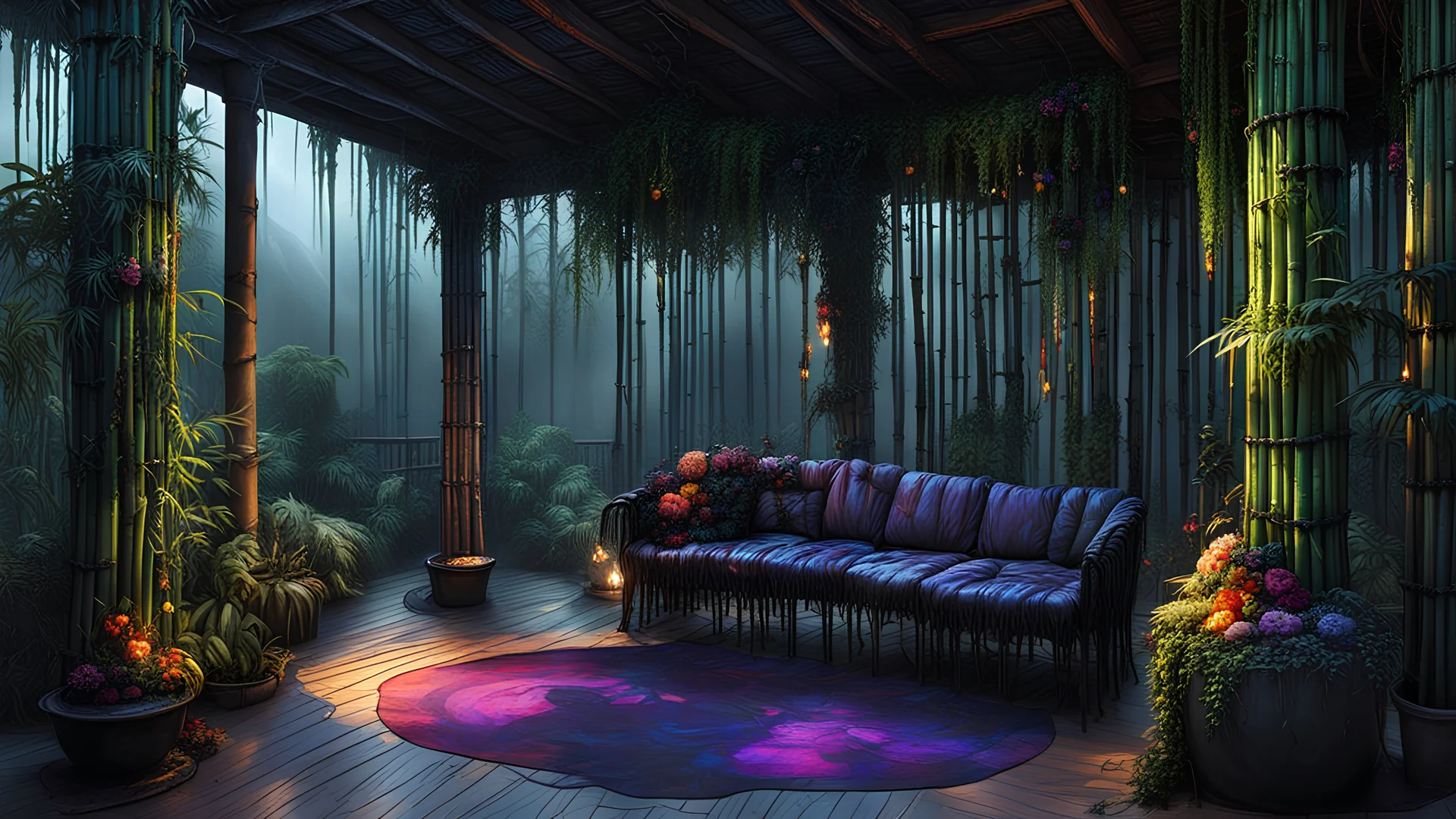 A gritty, full-body shot of an insatiably evil black opal iridescent pearlescent dark witchy bamboo island back porch with furniture made of branches, herbs and flowers and ivy hanging from marble bamboo columns, colorful macabre, Dariusz Zawadzki art style, liminal spaces, horror art, dark gaming background, wet, glossy, horror art, trypophobia, eerie, intricate details, HDR, beautifully shot, hyperrealistic, sharp focus, back lit, 64 megapixels, perfect composition, high contrast, cinemati