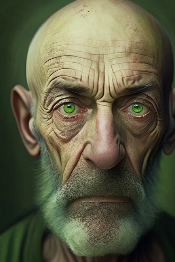 Portrait of a bald man, 60 years, unkempt beard, dark circles, green eyes, distracted and nervous look