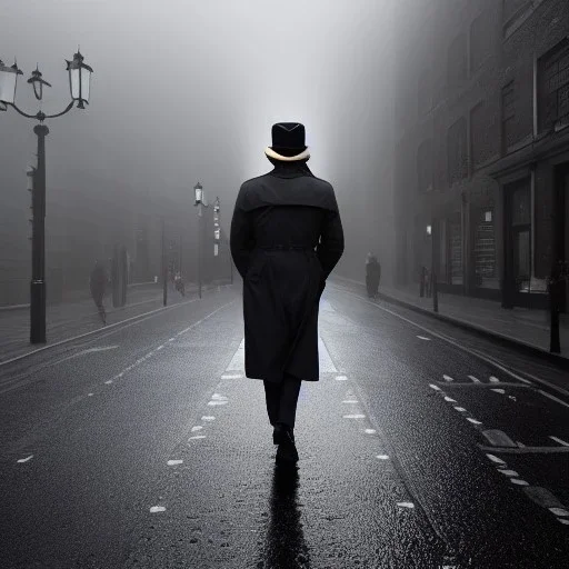 a man wearing a trench coat and hat walking down the street of london, lots of fog, dramatic, dramatic lighting, volumetric lighting, hyperrealism, 8k, high quality, photorealistic, lot of details