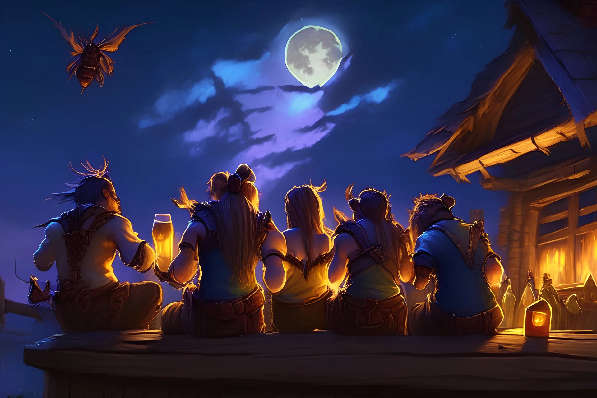 World of Warcraft; five friends sit on the tavern roof; summer night; Bolarus; fireflies; laughing; drinking; back view