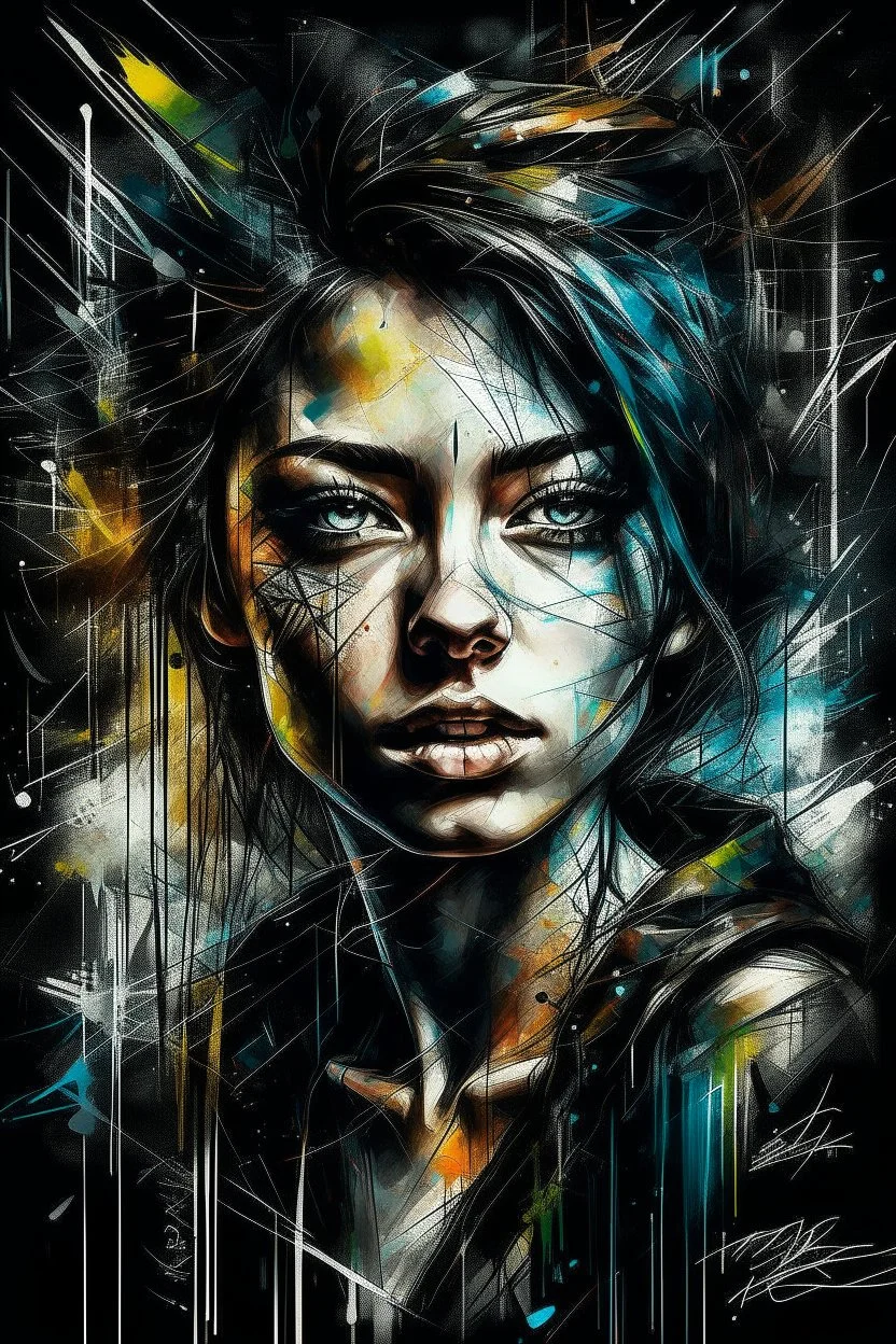 A ultra realistic poster of a beautiful girl , having word sign as “street art ”, by Daniel Castan Carne Griffiths Andreas Lie Russ Mills Leonid Afremov, black background, fine lines draw, smile