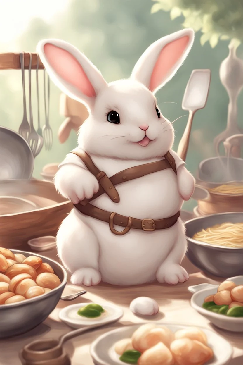 Cute chubby bunny floppy ears adventurer dnd cooking art realism