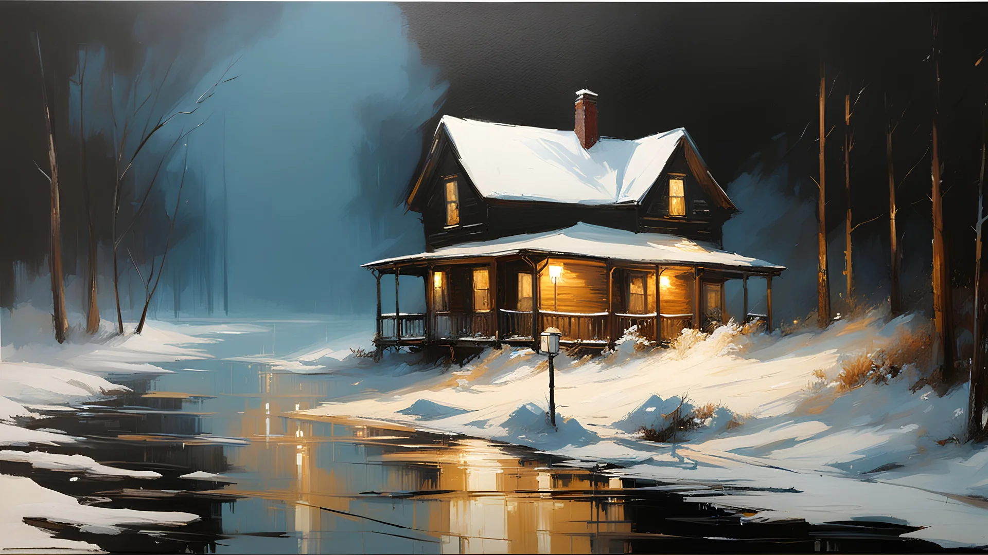 A cabin at the end of a snow covered road with a porch light on during a heavy snow storm with blowing snow and drifts :: by Robert McGinnis + Jeremy Mann + Carne Griffiths + Leonid Afremov, black canvas, clear outlining, detailed