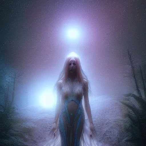 Pleiadian beautiful alien girl ultra-realistic, highly detailed, masterpiece, delicate detailed, sharp focus, insanely detailed, fantasy art, intricate detailed, elegant, fog, Special Lighting, Vibrant, color Scheme, forest, unreal engine 5, trending on artstation