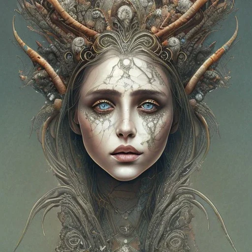 watercolor illustration ,singer Danish MØ, intricate detail , rusty metal, Dryad, sidhe, ominous, portrait,high lighting,