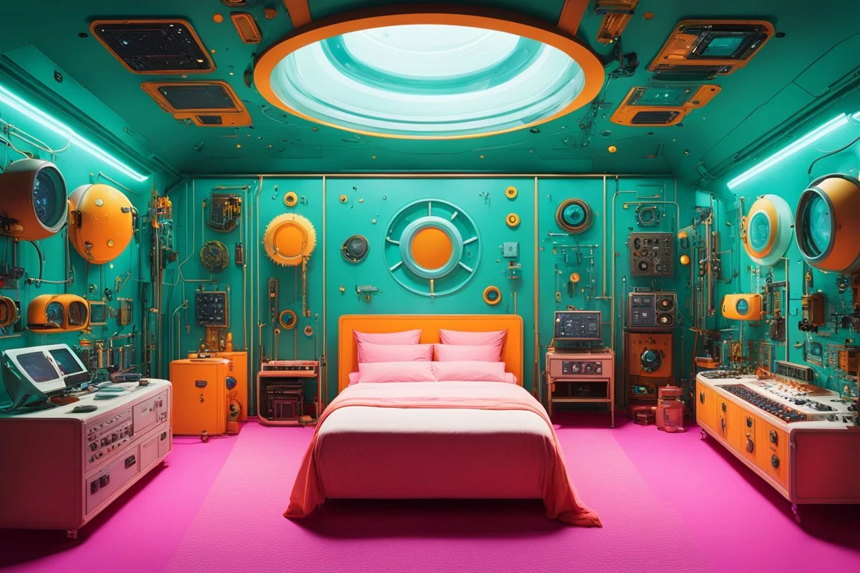 [art by Wes Anderson] a secluded chamber, a sanctuary of explorations. The room is adorned with an array of futuristic devices, each designed to awaken and satisfy the dreams of those who dare to enter. surrounded by an assortment of probes, arms, extensions, pinacles, and slime. a large bed in the center, with pillows and soft sheets in cotton