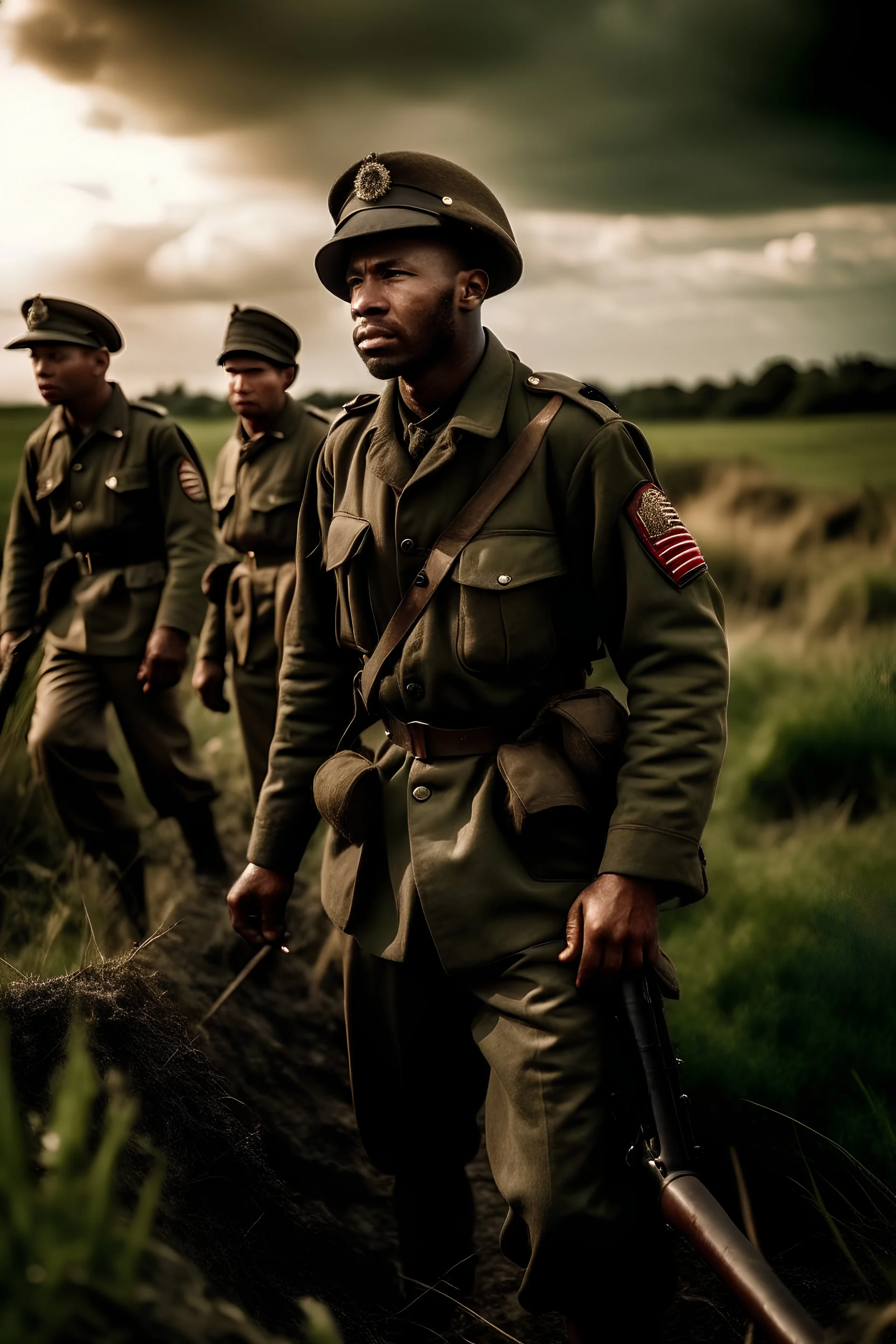 5 black soldiers standing not too close but not too far on a field with some signs of destruction