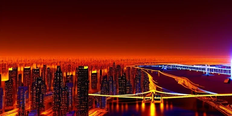 apocalypse, chaotic, magnificent, realistic, colorful, massive, epic, ray tracing, cinematic, 8k, HD, Ultra High Definition, photo film, film grain, hyper-detailed, retrowave giant futuristic city metropolis at night with bridge