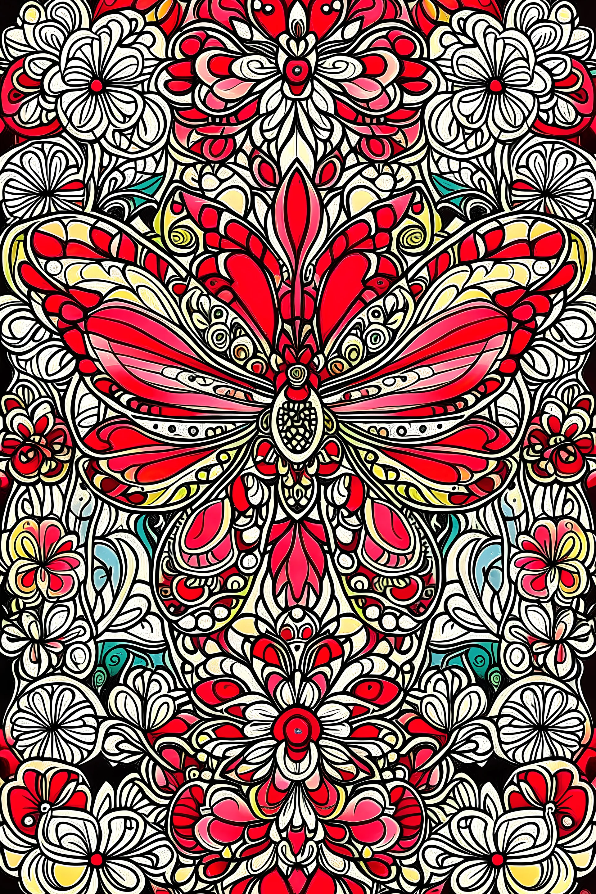 the cover for coloring book ,Easy Patterns , butterflys with flowers ,color , red background , style mandala