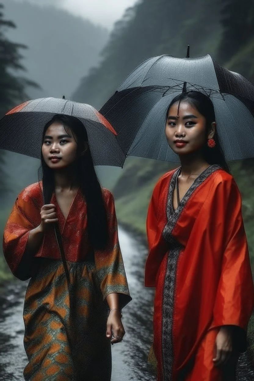 Gambar wanita Indonesia cantik sedang hujan dijalan pegunungan