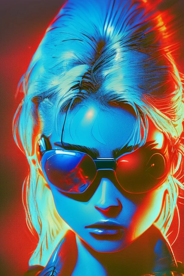 Photo of a beautiful, half broken blonde female Terminator, with dark sun glasses, bright red eye, Hollywood movie poster style, atmospheric blue light night time, high contrast dark moody lighting.