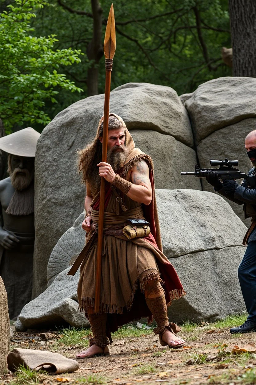 A Stone Age man holding a spear vs a modern man machine gun
