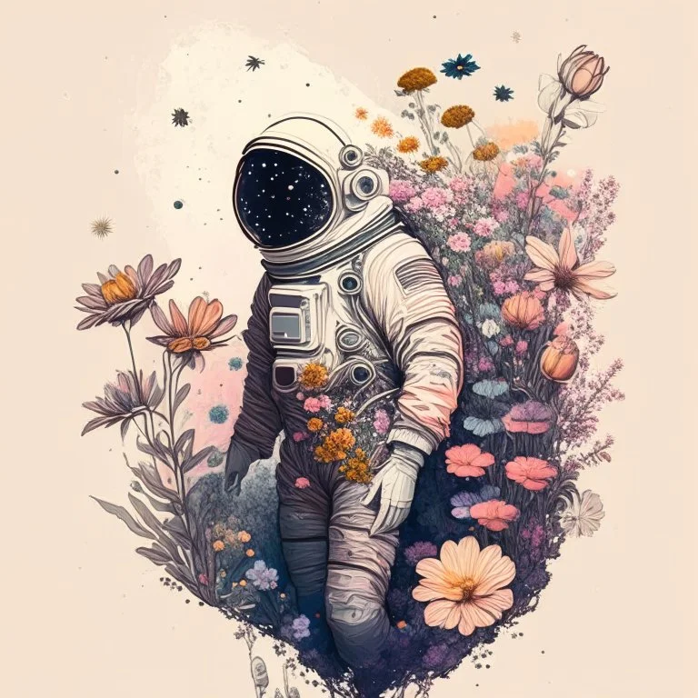 "floral astronaut" hand-drawn digital art, muted tones, flowers everywhere, colorful garden, beautiful galaxy, REALISTIC