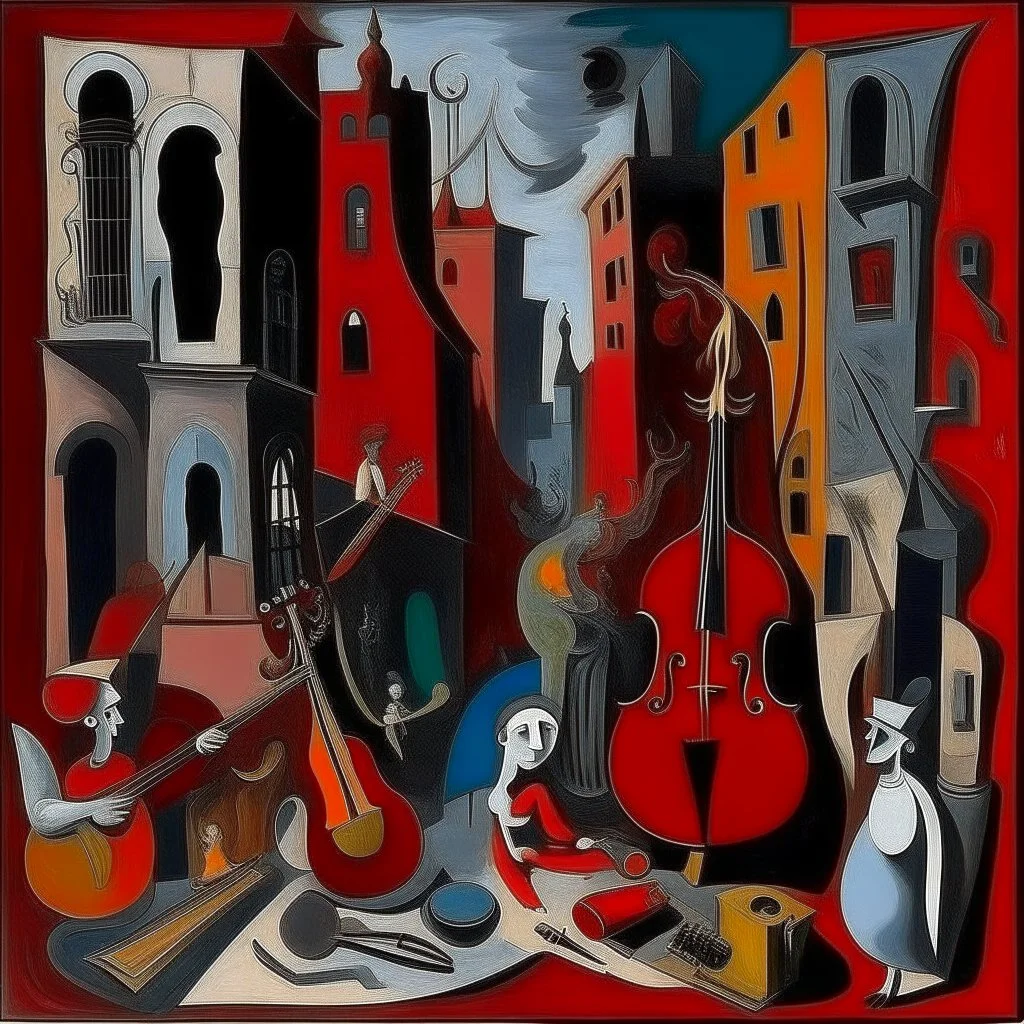 A dark red city filled with instruments painted by Pablo Picasso