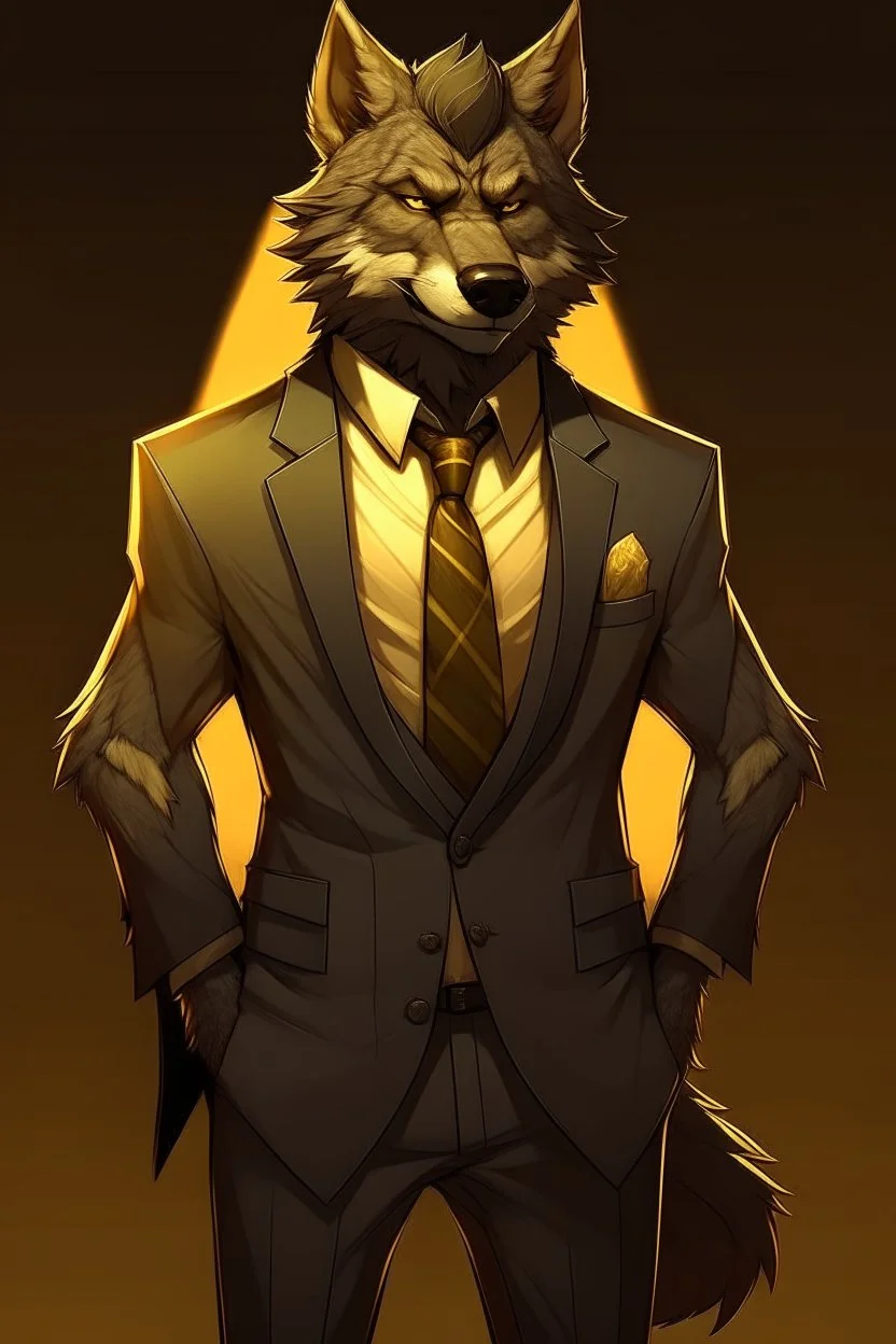 Buff, anthro, wolf, himbo, black fur, gold eyes, wearing a suit, full-body