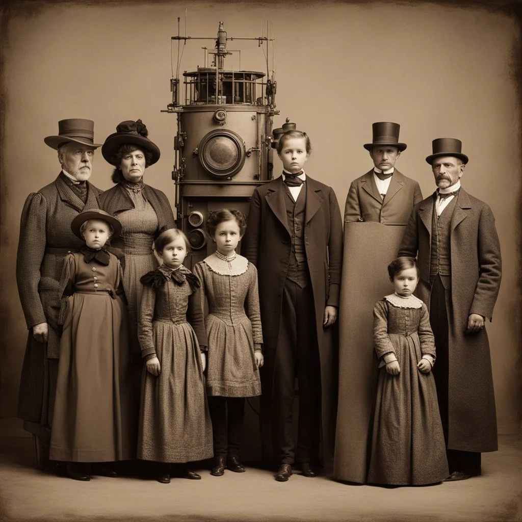 In the sepia tones of a bygone era, a Victorian family stands in solemn attire, their faces reflecting the austere demeanor of the times. At the center, an anachronistic figure, a cylindrical automaton with appendages that seem to mock the conventions of human form, stands in stark contrast to its human counterparts. This tableau challenges the viewer, juxtaposing the rigid human portraits with the whimsical inclusion of a mechanical entity, blurring the lines between history and fantasy.