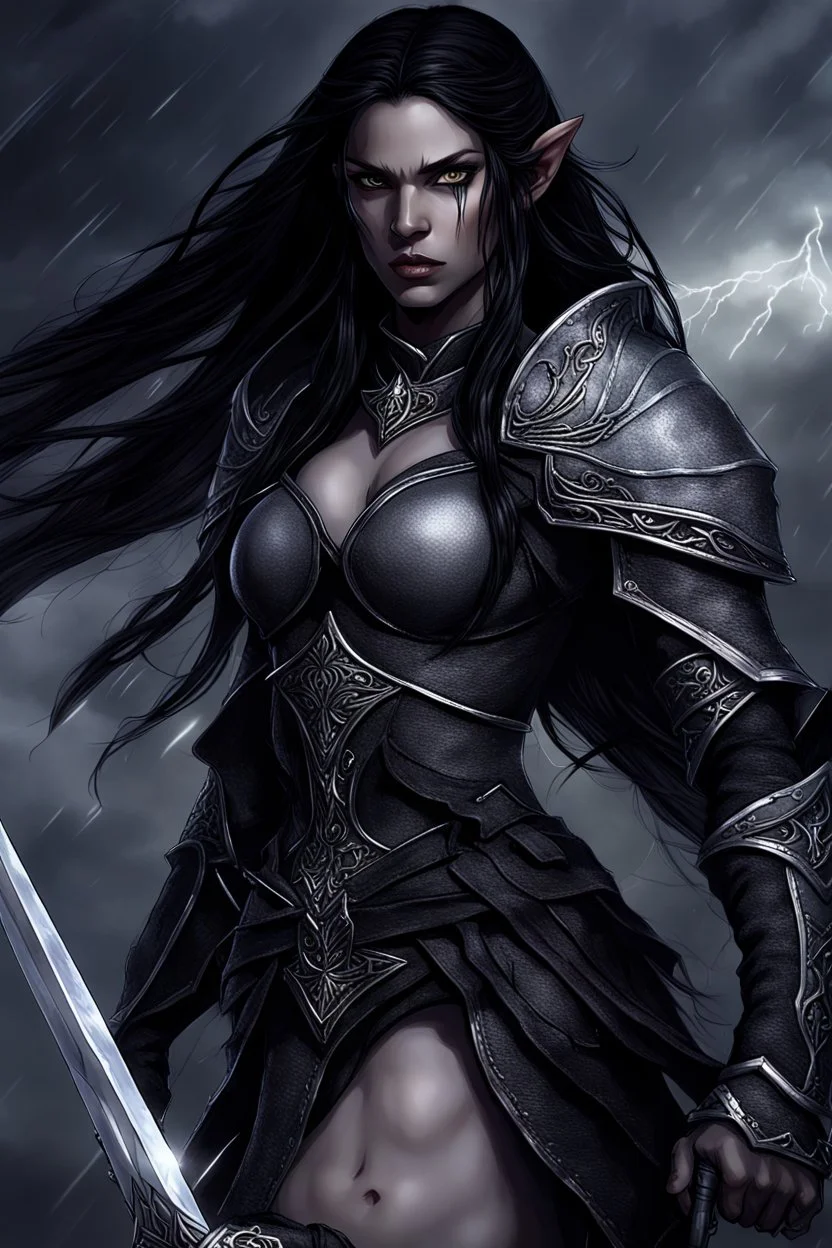 SA female elf with skin the color of storm clouds, deep grey, stands ready for battle. Her long black hair flows behind her like a shadow, while her eyes gleam with a fierce silver light. Despite the grim set of her mouth, there's a undeniable beauty in her fierce countenance. She's been in a fight, evidenced by the ragged state of her leather armor and the red cape that's seen better days, edges frayed and torn. In her hands, she grips two daggers, add dark shadow mystic purple flames