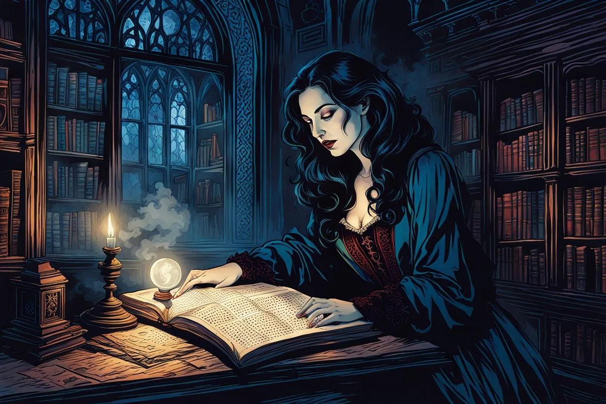 create a fine art print illustration of the spectral shade of a seductive, 13th century Jewish female vampire fortuneteller, clothed in an ornate but ragged bliaud with highly detailed feminine facial features, in a ruined sorcerer's library in the old city of Krakow, shrouded in a fetid mist at midnight , in the comic book art style of Bill Sienkiewicz, and Jean Giraud Moebius, finely textured, drawn, colored, and inked