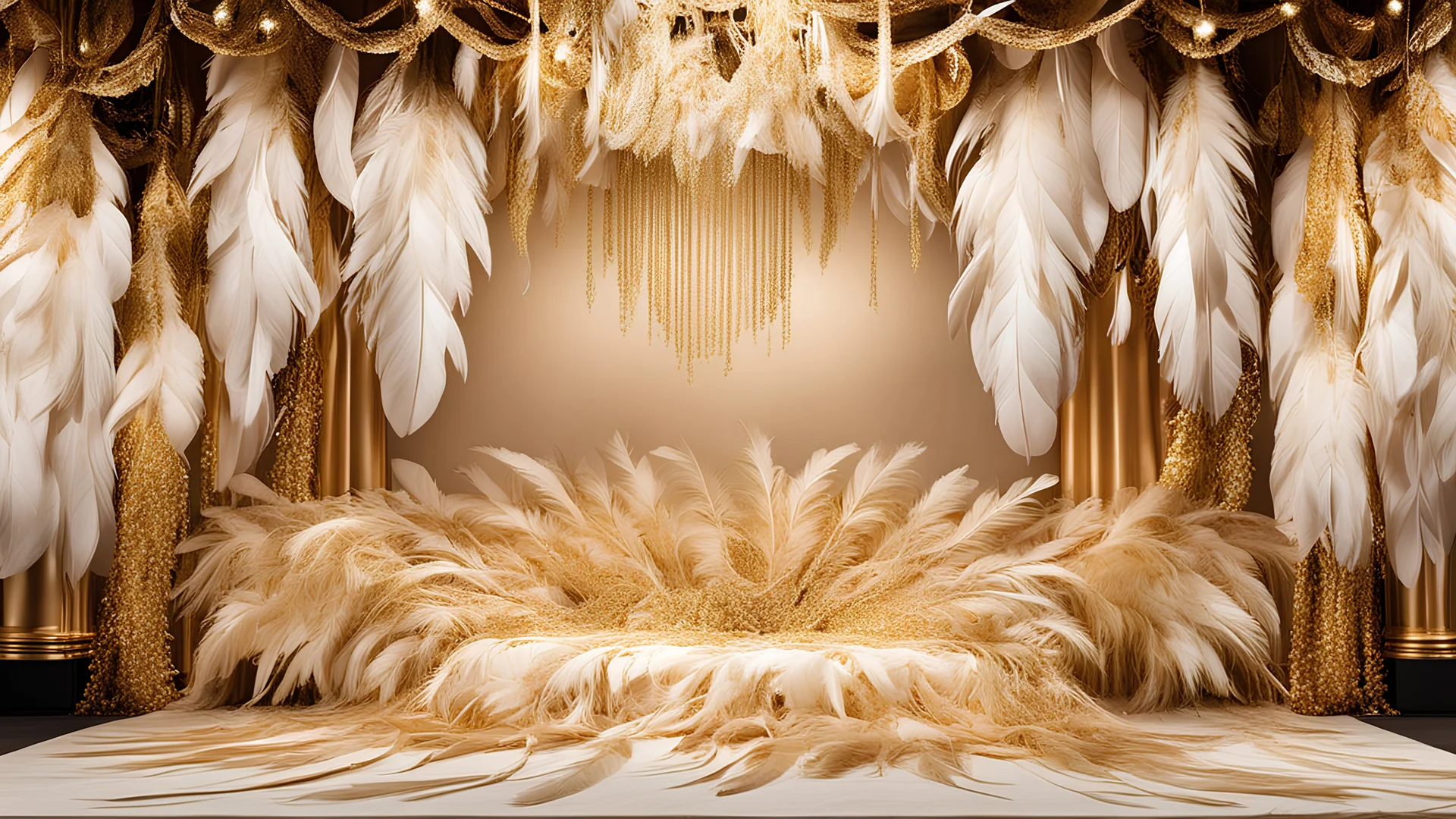 an event backdrop full of whitish gold feathers stage